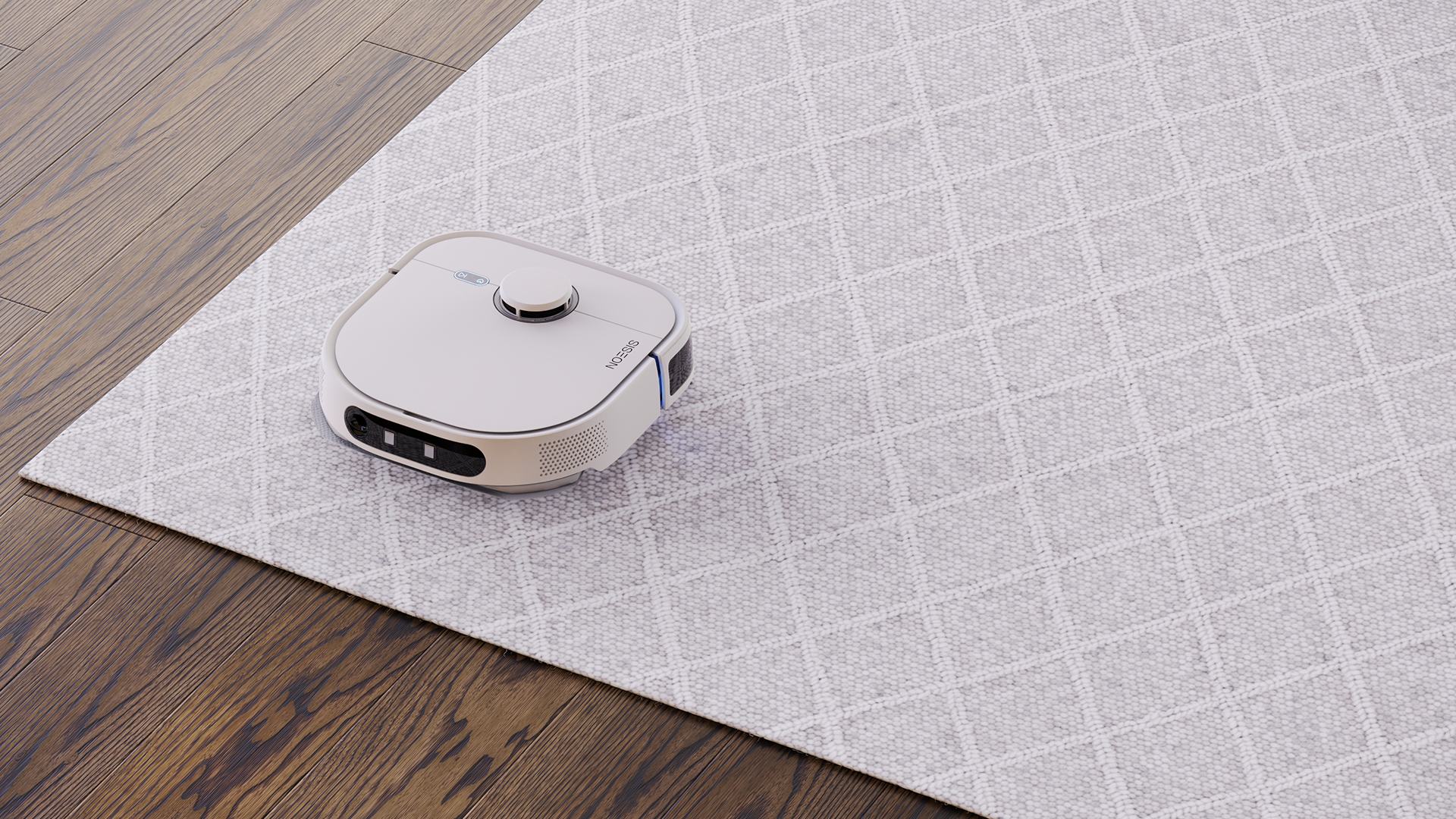 Robot Noesis encima de una alfombra gris limpia sobre un suelo de madera