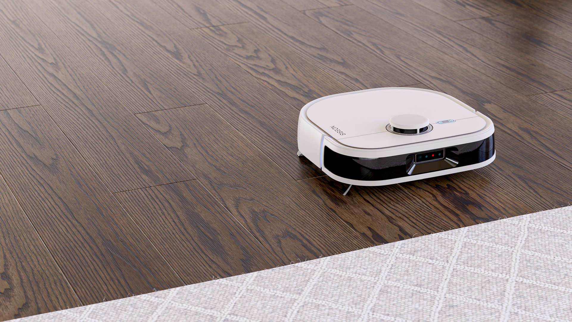 Robot Noesis sobre un suelo de madera junto a una alfombra gris limpia
