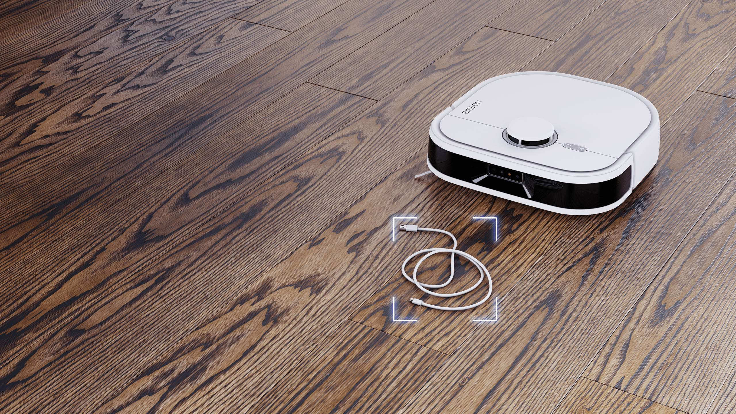 Robot Noesis NeuralVision qui détecte un chargeur de téléphone sur un sol en bois