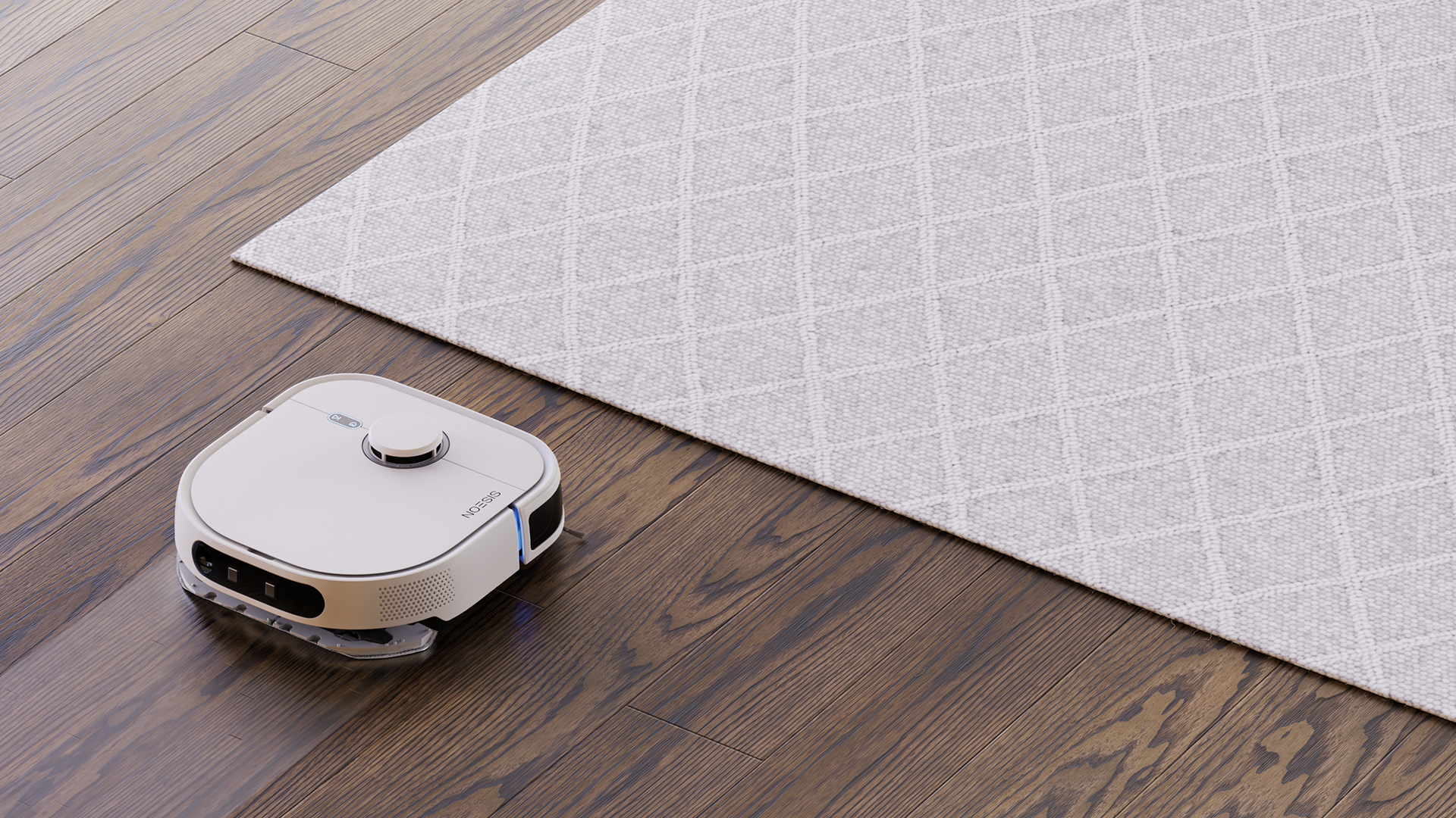 Noesis robot on clean wooden floors next to a grey rug